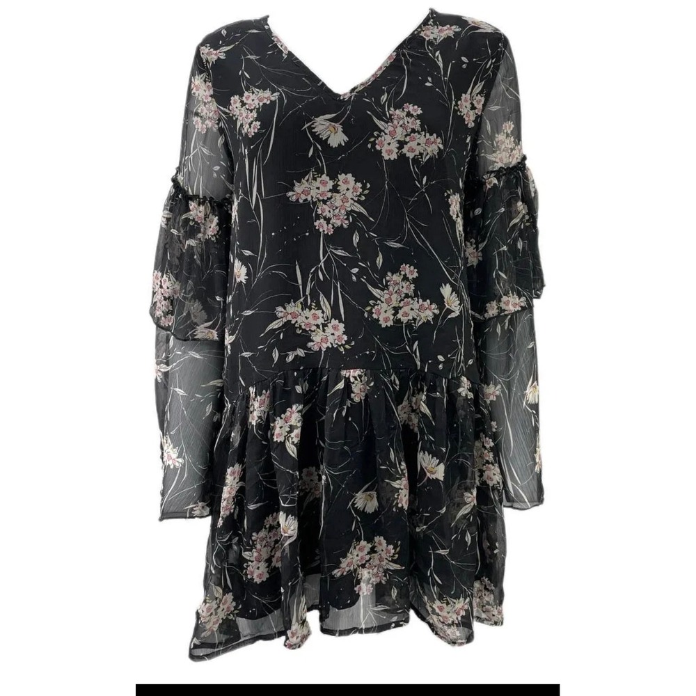 Lost in Lunar Black Floral V-Neck Ruffle Bell Sleeve Drop Waist Mini Dress Small